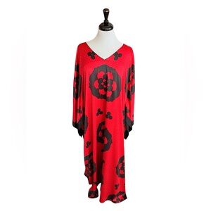 Natori Caftan Red & Black Floral V-Neck Maxi w/ Side Slits Size 1X